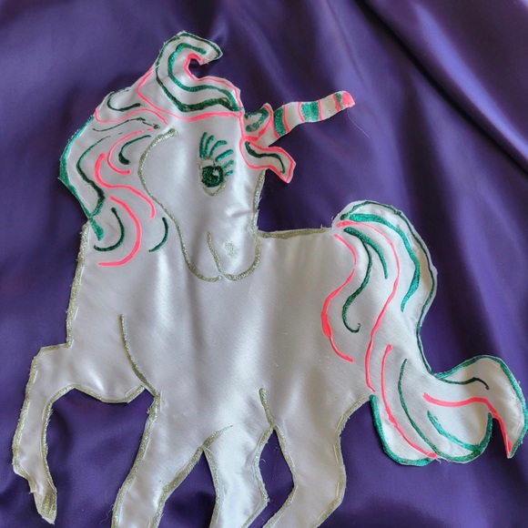 Shiny Purple bomber snap up style jacket with white unicorn on back - Picture 7 of 8